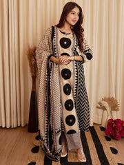 Beige & Black Printed Kurta Set with Dupatta for Women
