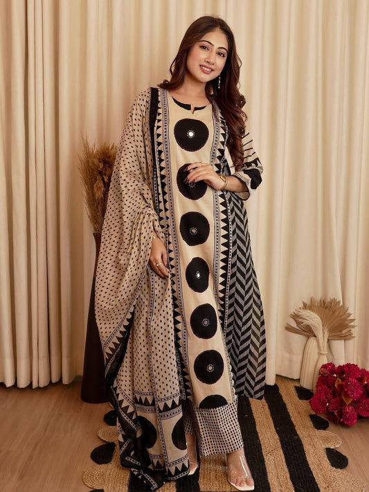 Beige & Black Printed Kurta Set with Dupatta for Women