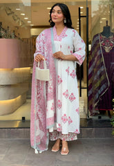 Blush Floral Printed Anarkali Suit Set with Dupatta