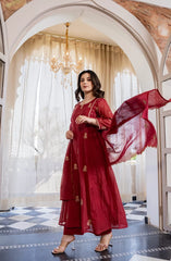 Crimson Embroidered Anarkali Suit Set with Dupatta