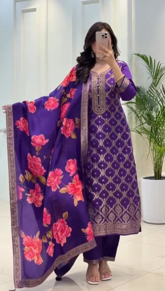 Elegant Purple Kurta Set with Floral Dupatta
