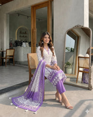 Elegant Lavender & White Printed Salwar Suit Set with Dupatta
