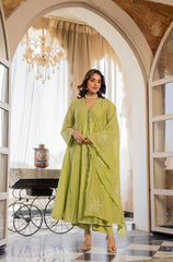 Women’s Green Embroidered Kurta Set with Floral Dupatta