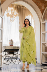 Women’s Green Embroidered Kurta Set with Floral Dupatta