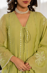 Women’s Green Embroidered Kurta Set with Floral Dupatta