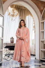 Women’s Pink Embroidered Kurta Set with Floral Dupatta