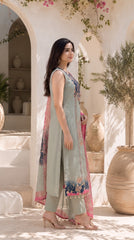 Women's Mint Green Floral Printed Straight Kurta Set with Contrast Pink Dupatta