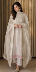 Women's Off-White Embroidered Straight Kurta Set with Dupatta