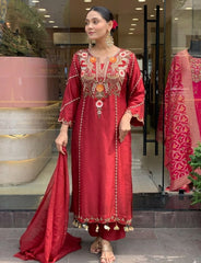 Elegant Maroon Cotton Embroidered Kurta Set with Dupatta