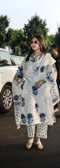 Blue Block Printed Side gather kurta with palazzo and printed dupatta