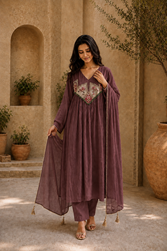 Embroidered Anarkali Suit Set with Dupatta