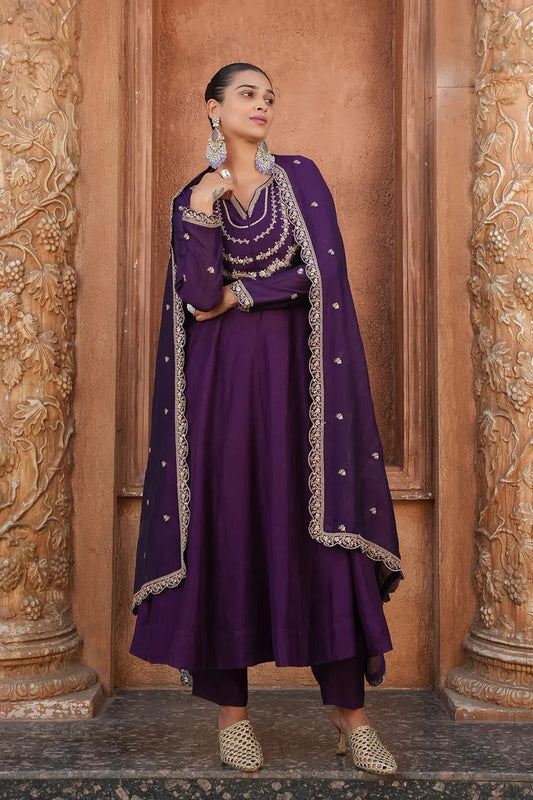 Purple Regal Embroidered Kurta Set with Dupatta