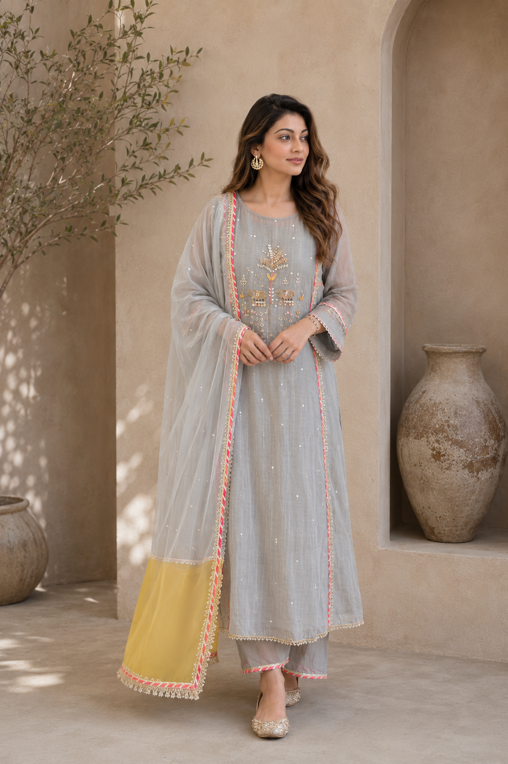 Elegant Embroidered Cotton Blend Kurta Set with Contrast Yellow Dupatta