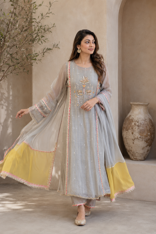 Elegant Embroidered Cotton Blend Kurta Set with Contrast Yellow Dupatta