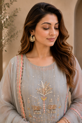Elegant Embroidered Cotton Blend Kurta Set with Contrast Yellow Dupatta