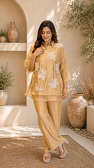 Champagne Three-D Floral Embellished Crinkle Co-Ord Set