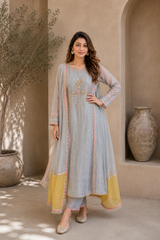 Elegant Embroidered Cotton Blend Kurta Set with Contrast Yellow Dupatta