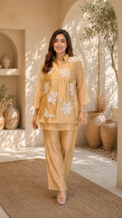 Champagne Three-D Floral Embellished Crinkle Co-Ord Set
