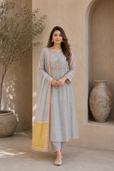 Elegant Embroidered Cotton Blend Kurta Set with Contrast Yellow Dupatta