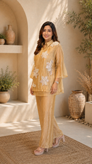 Champagne Three-D Floral Embellished Crinkle Co-Ord Set