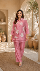 Champagne Three-D Floral Embellished Crinkle Co-Ord Set