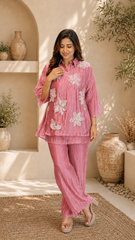 Champagne Three-D Floral Embellished Crinkle Co-Ord Set