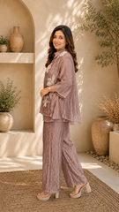 Champagne Three-D Floral Embellished Crinkle Co-Ord Set