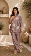 Champagne Three-D Floral Embellished Crinkle Co-Ord Set