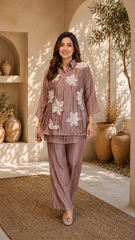Champagne Three-D Floral Embellished Crinkle Co-Ord Set