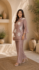 Champagne Three-D Floral Embellished Crinkle Co-Ord Set
