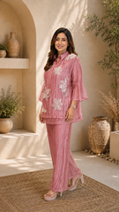 Champagne Three-D Floral Embellished Crinkle Co-Ord Set
