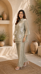 Champagne Three-D Floral Embellished Crinkle Co-Ord Set