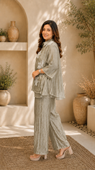 Champagne Three-D Floral Embellished Crinkle Co-Ord Set