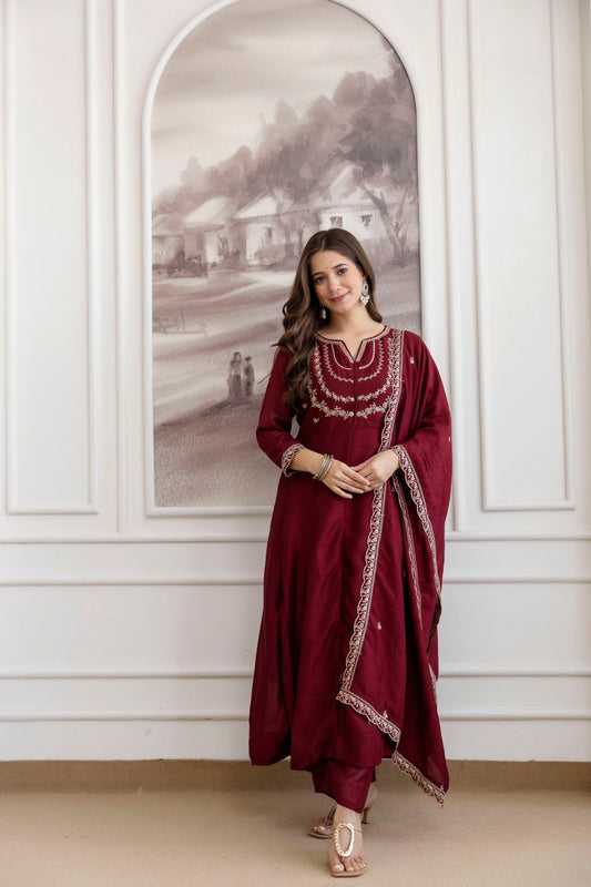 Maroon Regal Embroidered Kurta Set with Dupatta