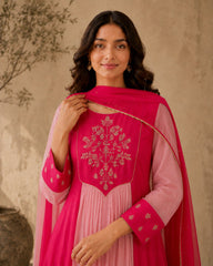Pink Embroidered Anarkali Suit Set with Pink Dupatta