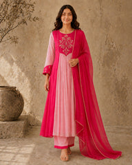 Pink Embroidered Anarkali Suit Set with Pink Dupatta