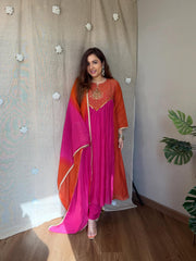 Women's Pink & Orange Ombre Embroidered Anarkali Kurta Set with Dupatta