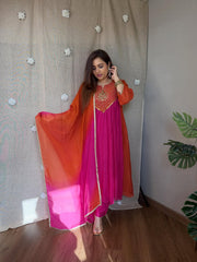 Women's Pink & Orange Ombre Embroidered Anarkali Kurta Set with Dupatta