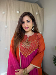 Women's Pink & Orange Ombre Embroidered Anarkali Kurta Set with Dupatta