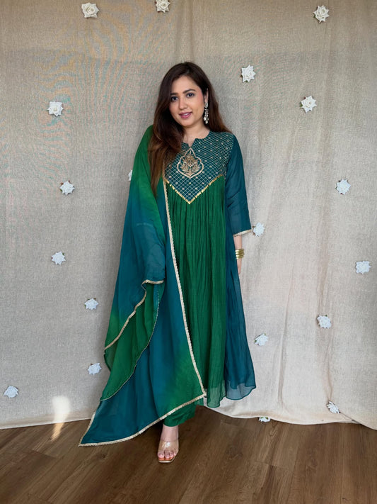 Women's Emerald Green Embroidered Anarkali Kurta Set with Dupatta