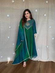 Women's Emerald Green Embroidered Anarkali Kurta Set with Dupatta