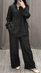 Relaxed Fit Mandarin Collar Shirt with Wide Leg Pants