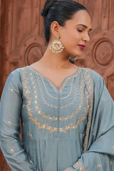 Grey Regal Embroidered Kurta Set with Dupatta