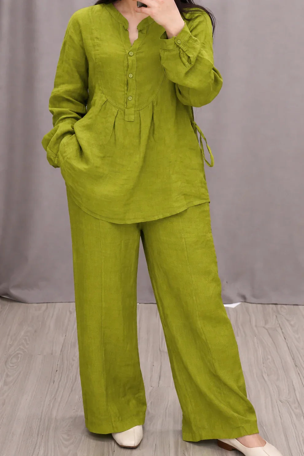 Relaxed Fit Mandarin Collar Shirt with Wide Leg Pants