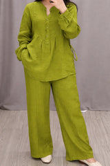 Relaxed Fit Mandarin Collar Shirt with Wide Leg Pants