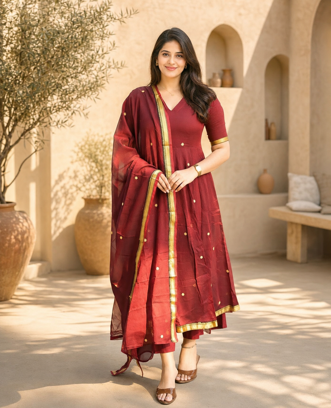 Maroon Festive Anarkali Suit Set with Golden Border & Dupatta