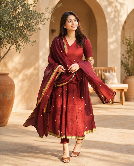 Maroon Festive Anarkali Suit Set with Golden Border & Dupatta