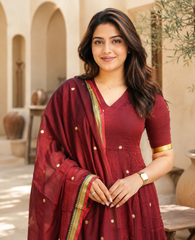 Maroon Festive Anarkali Suit Set with Golden Border & Dupatta