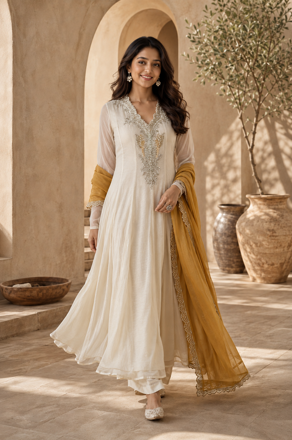 Embroidered Anarkali Suit Set With Mustard Dupatta