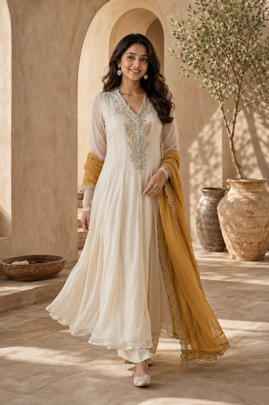 Embroidered Anarkali Suit Set With Mustard Dupatta